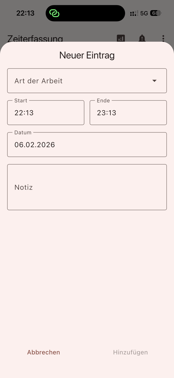 Dialog: Neuer Eintrag in der Malteser Zeiterfassung App